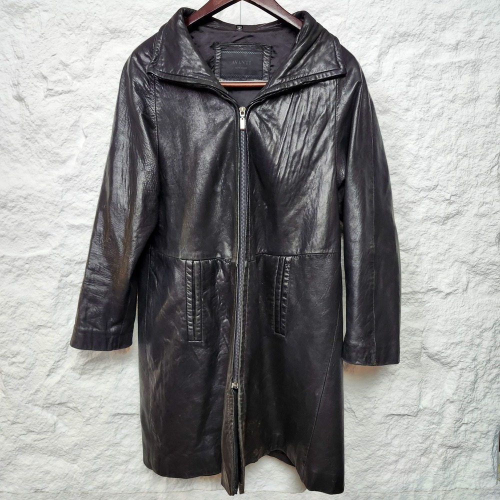 Vintage 90s Avanti Black Leather Trench Coat Full Zip Grunge Y2K Matrix Goth M